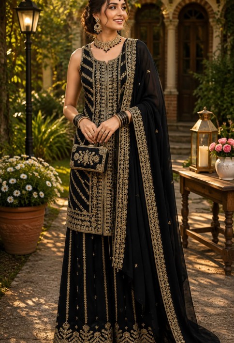Embroidered and Sequins Work Georgette Salwar Suit In Black Colour